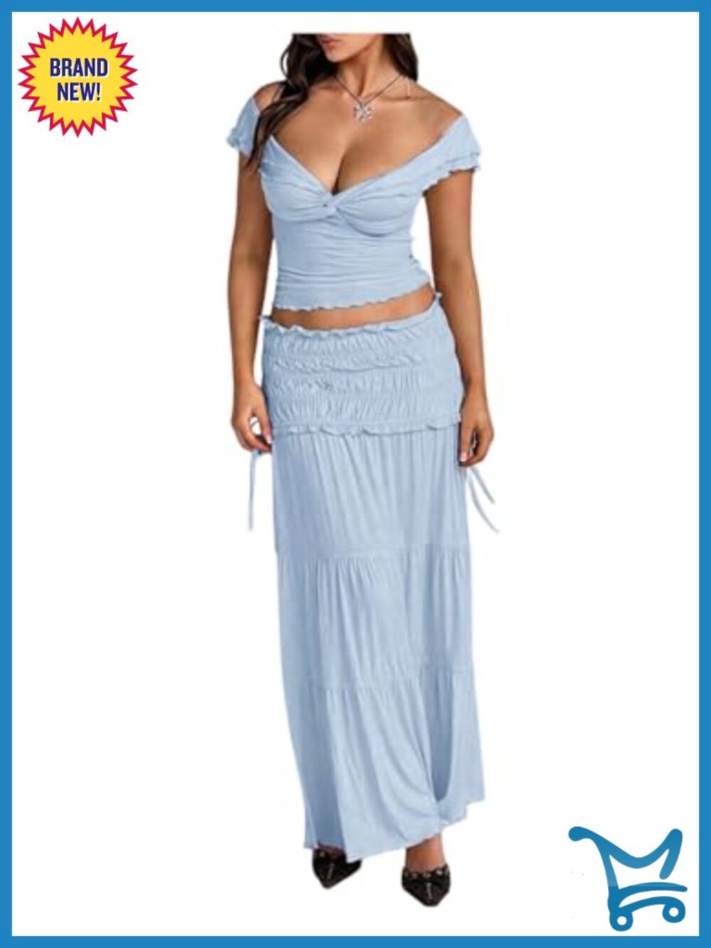 2 Piece Skirt Sets Twist Off Shoulder Crop Top Ruffle Maxi Skirt Summer Outfits